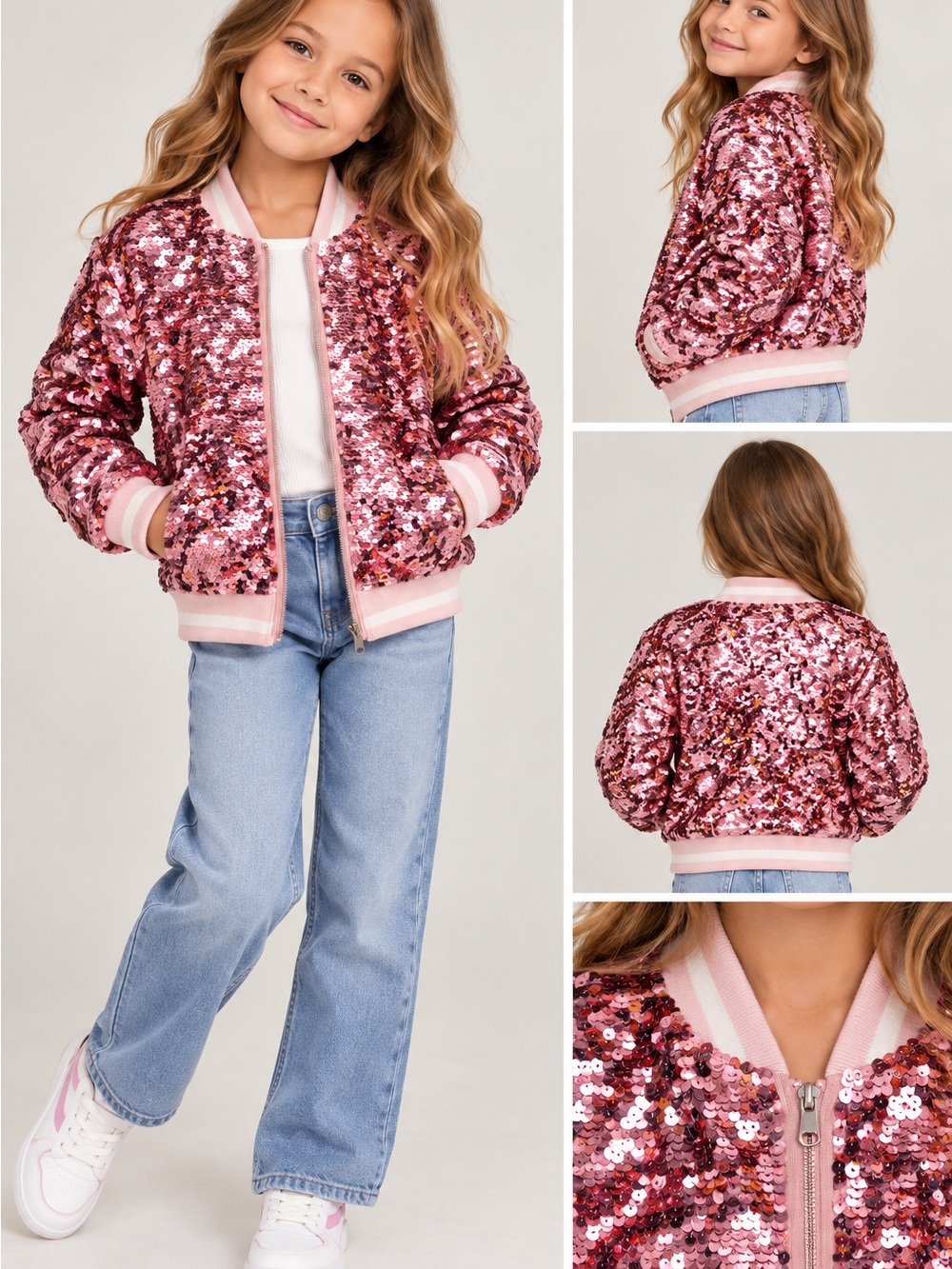 ✨ H&M Girls Pink Sequin Bomber Jacket – Size 7/8 ✨